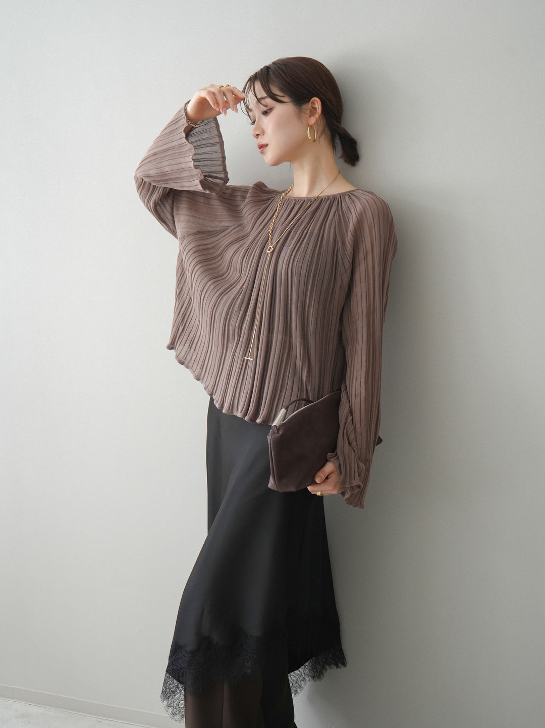 [SET]プリーツシアーフレアスリーブニットトップス+センターシームフレアパンツ(2set)