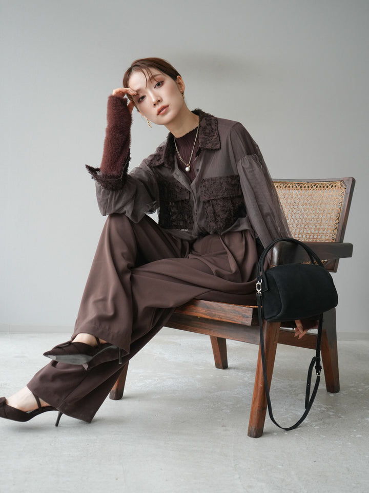 [SET]フリンジジャガード×チュールレイヤードシャツ+アームシャギーランダムリブニットトップス+ベルト付タックワイドパンツ(3set)