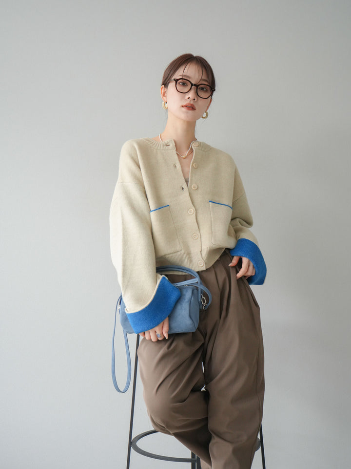 【SET】雙色針織開襟衫+褶襉設計寬褲（2套）