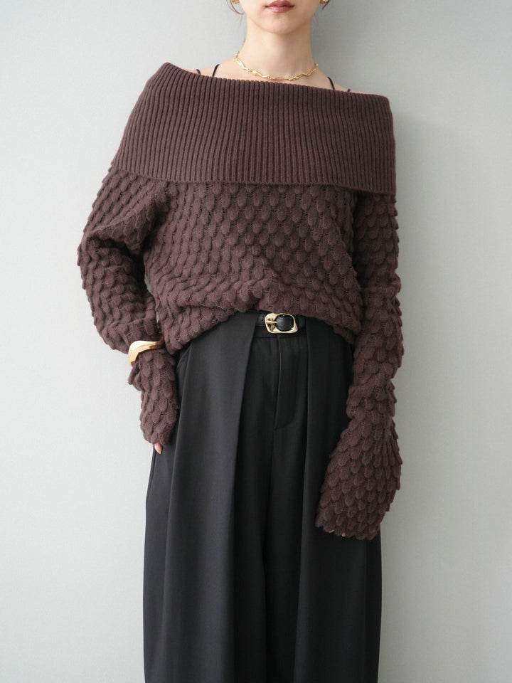 [SET]ポコポコ編みオフショルニットプルオーバー+ベルトループデザインワイドパンツ(2set)