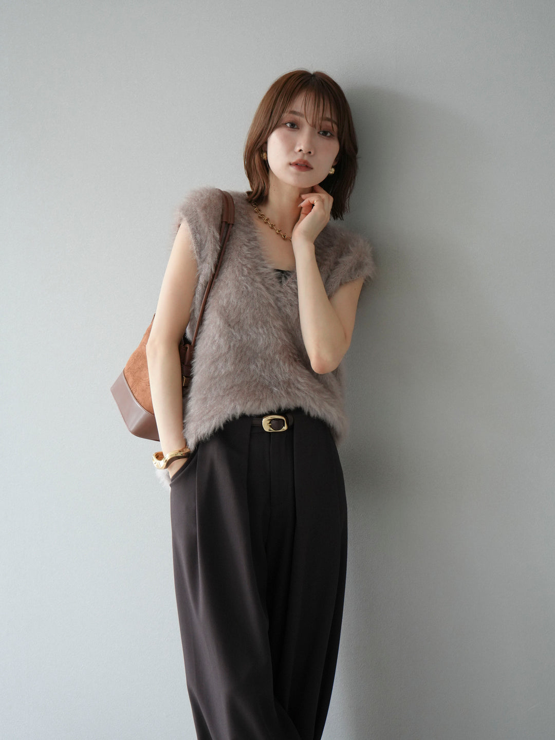 [SET]ラメシャギーVネックニットベスト+ベルトループデザインワイドパンツ(2set)