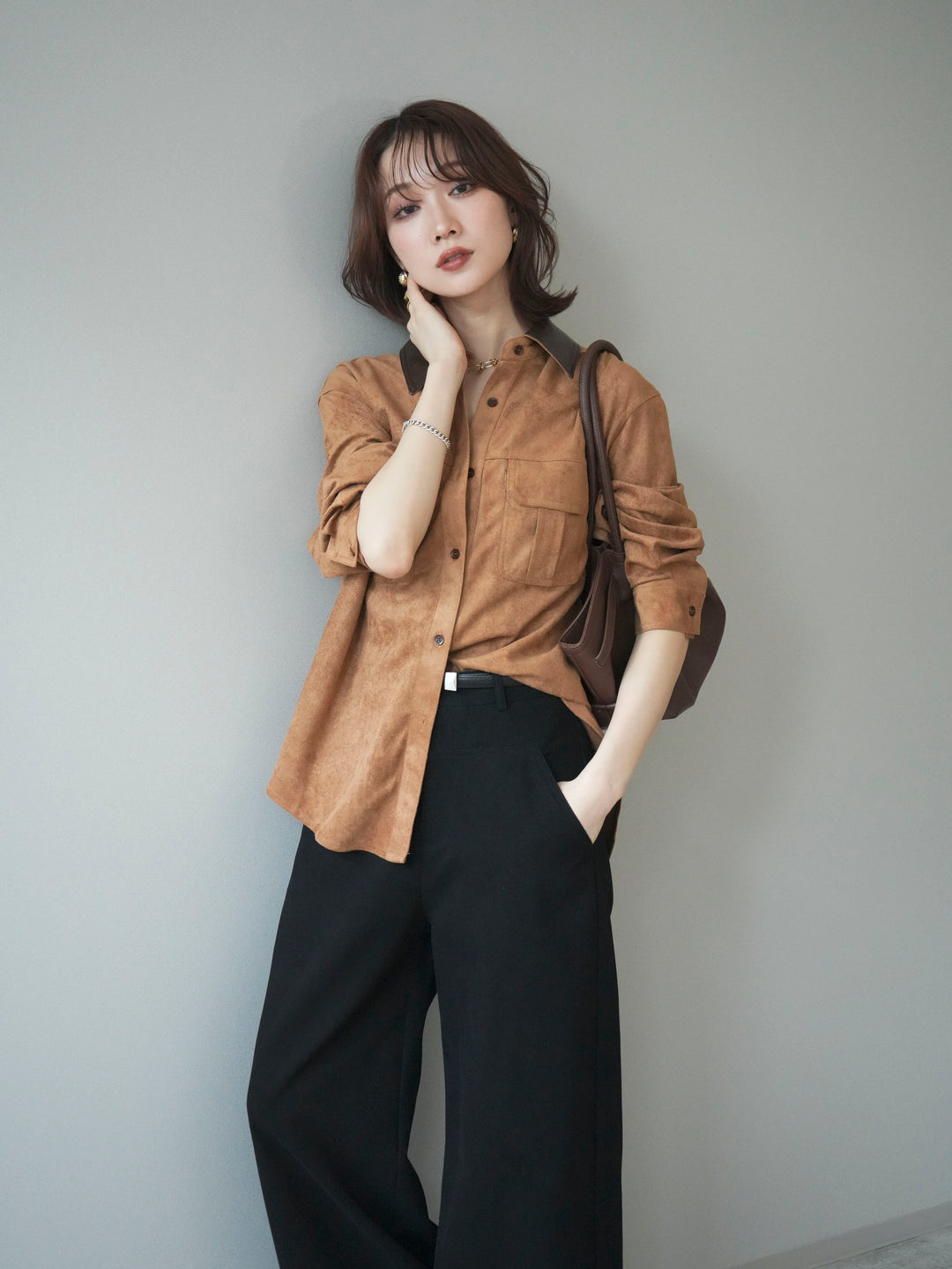 [予約]レザー襟スエードシャツ/camel