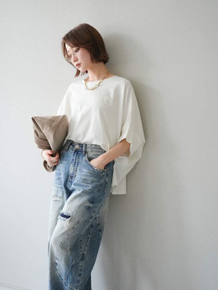 [SET]ドルマンワイドフレアトップス+ダメージカーブワイドデニムパンツ(2set)