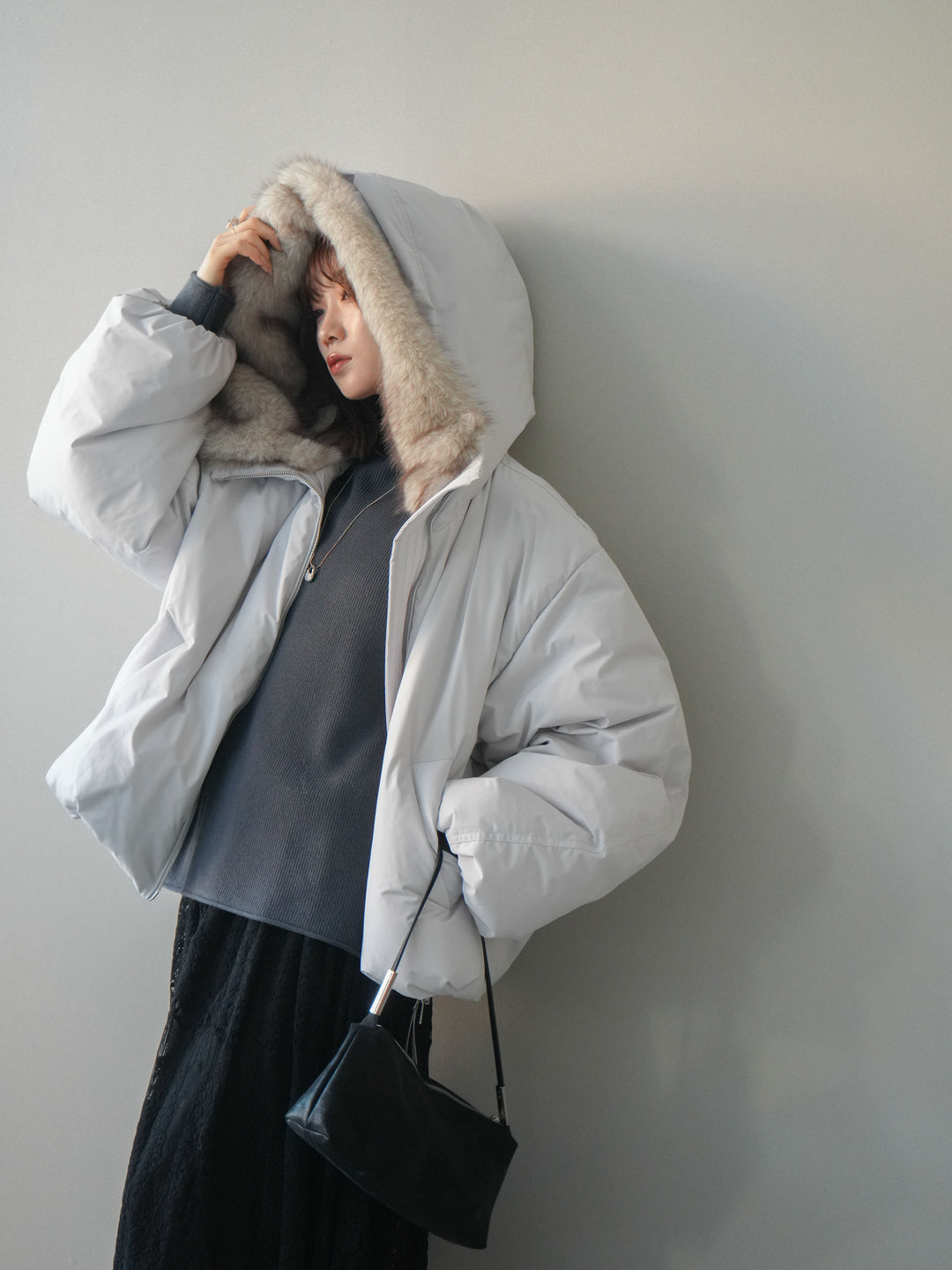[予約]フードファーショートダウンコート/lightgray