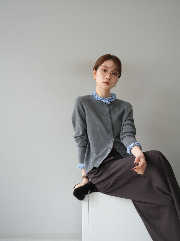 [予約]フリルデザインコンパクトニットカーディガン/グレー