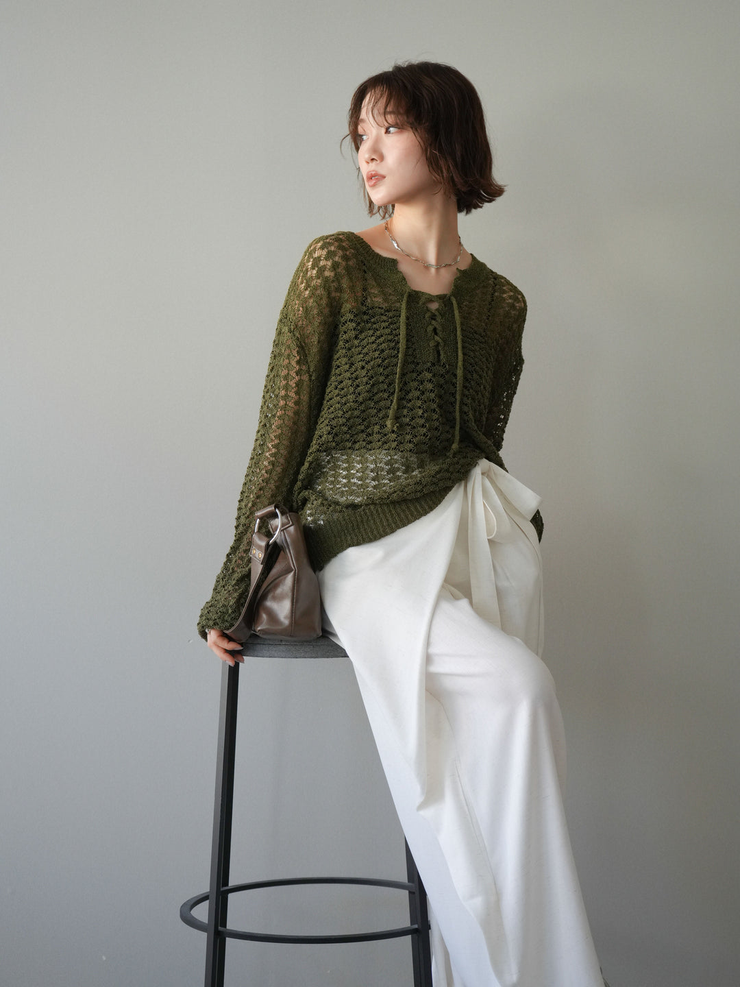 [予約]パネルメッシュニットトップス/khaki