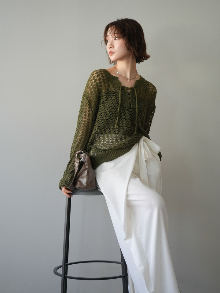 [予約]パネルメッシュニットトップス/khaki