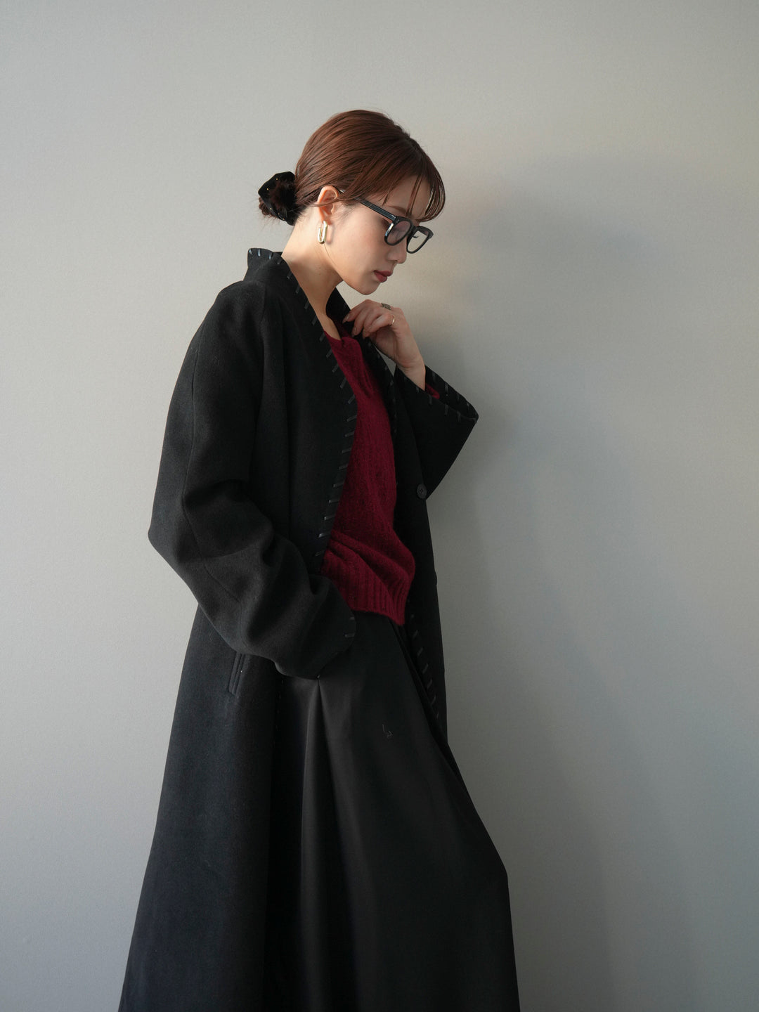 [SET]ハンドステッチ裏中綿ロングコート+ツイストネックラメネップヤーンニットプルオーバー(2set)