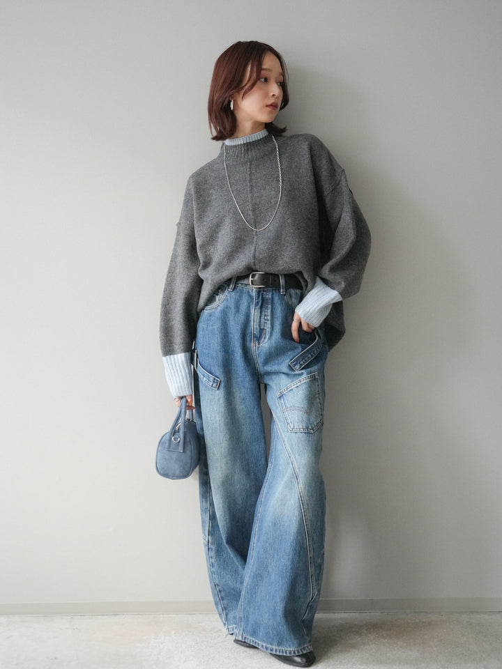 [SET]配色ハイネックニットプルオーバー+ペインターカーブデニムパンツ(2set)