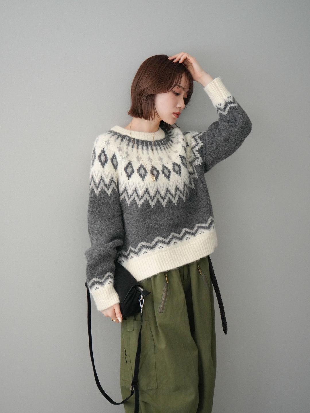 [予約]ノルディック柄ニットプルオーバー/gray