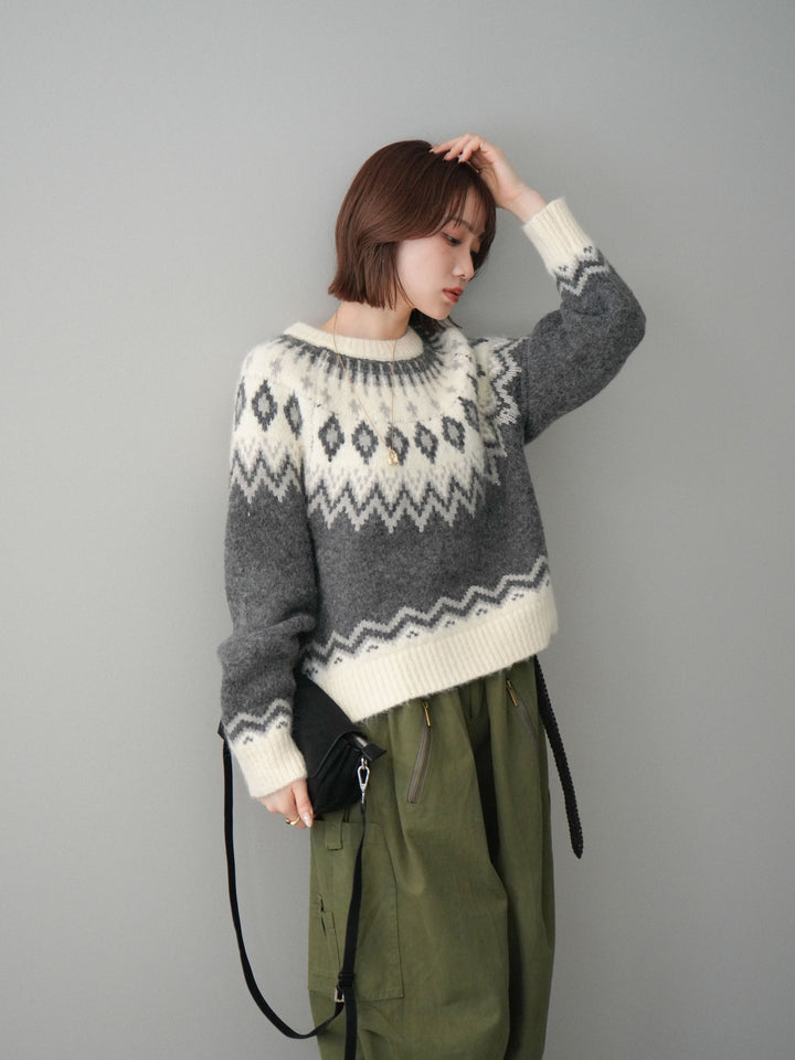 [予約]ノルディック柄ニットプルオーバー/gray