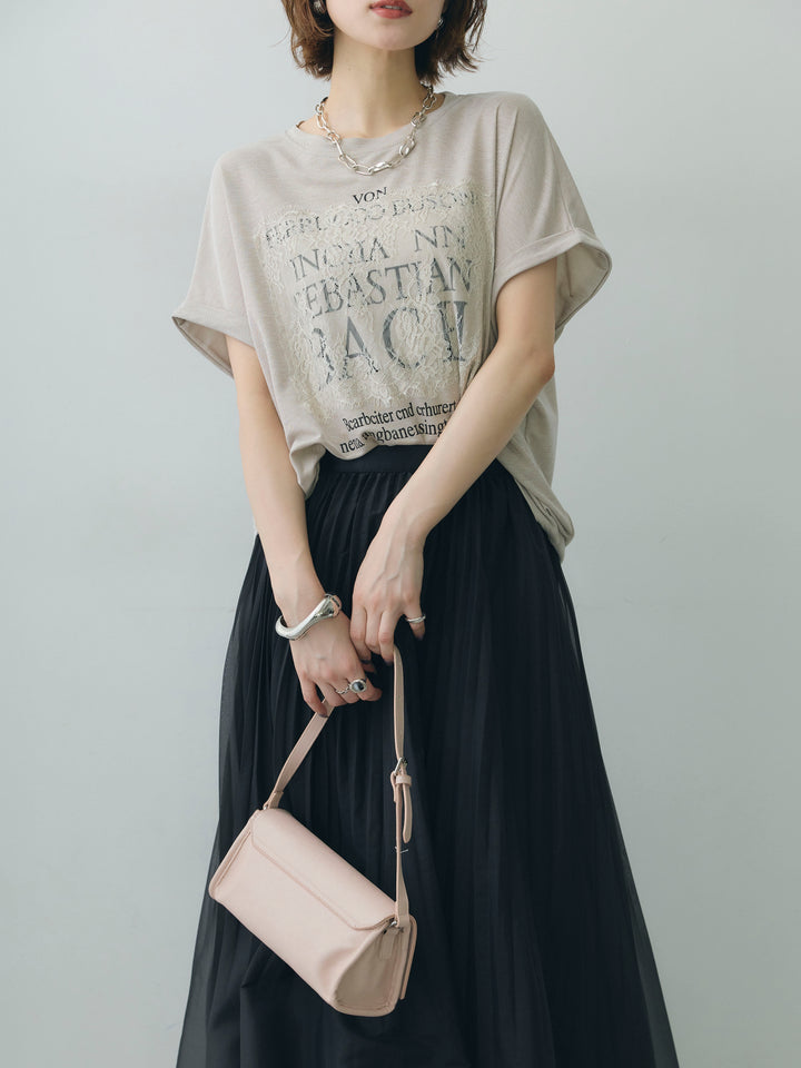 【套裝】蕾絲拼接印花T卹+水洗歐根紗層疊半身裙（兩件套）