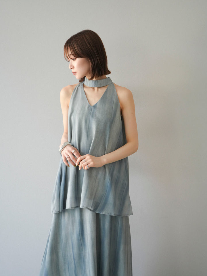 [SET] 細膩花紋V領襯衫＆喇叭裙（2套）