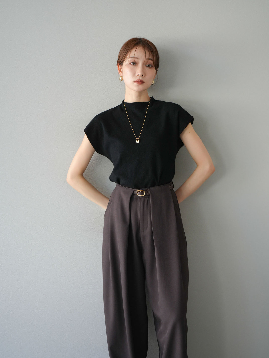 [予約]プチネックフレンチニットトップス/ブラック