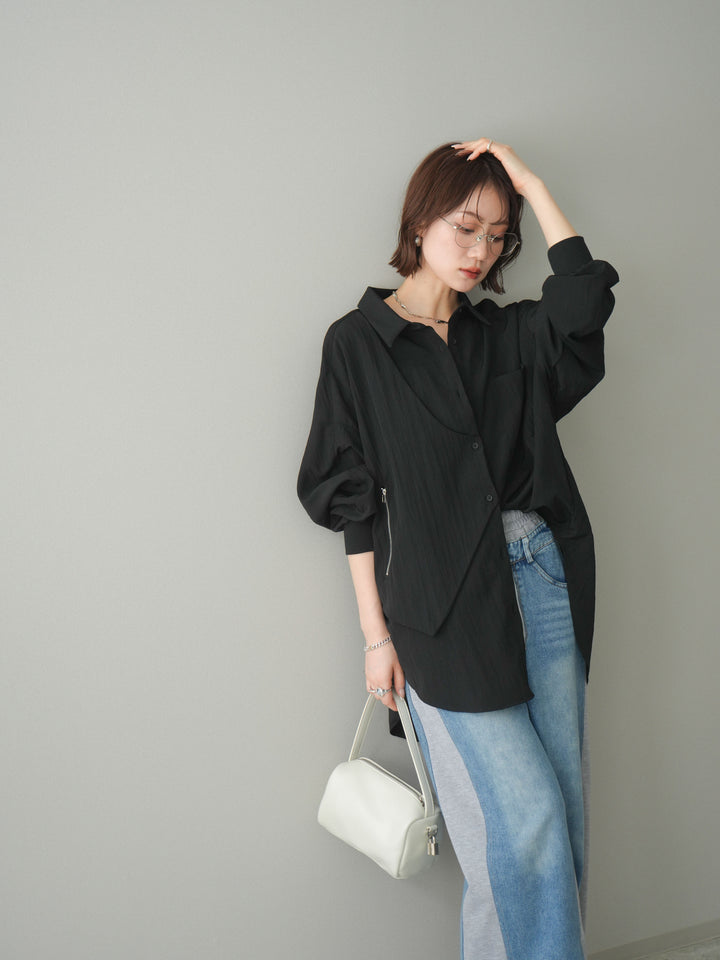 [予約]リブカフスアシンメトリーZIPデザインオーバーシャツ/black