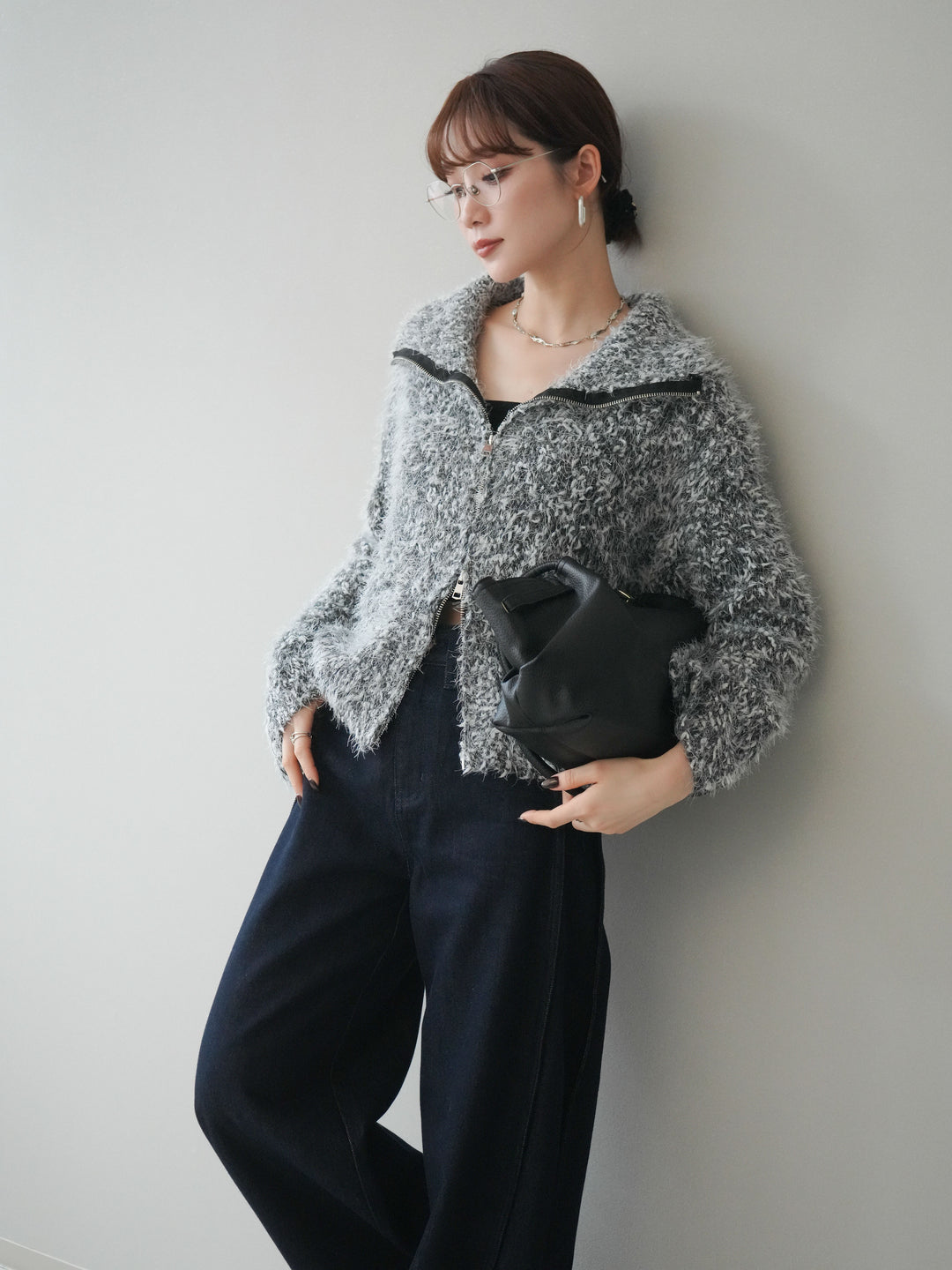 [予約]ミックスシャギージップニットカーディガン/black