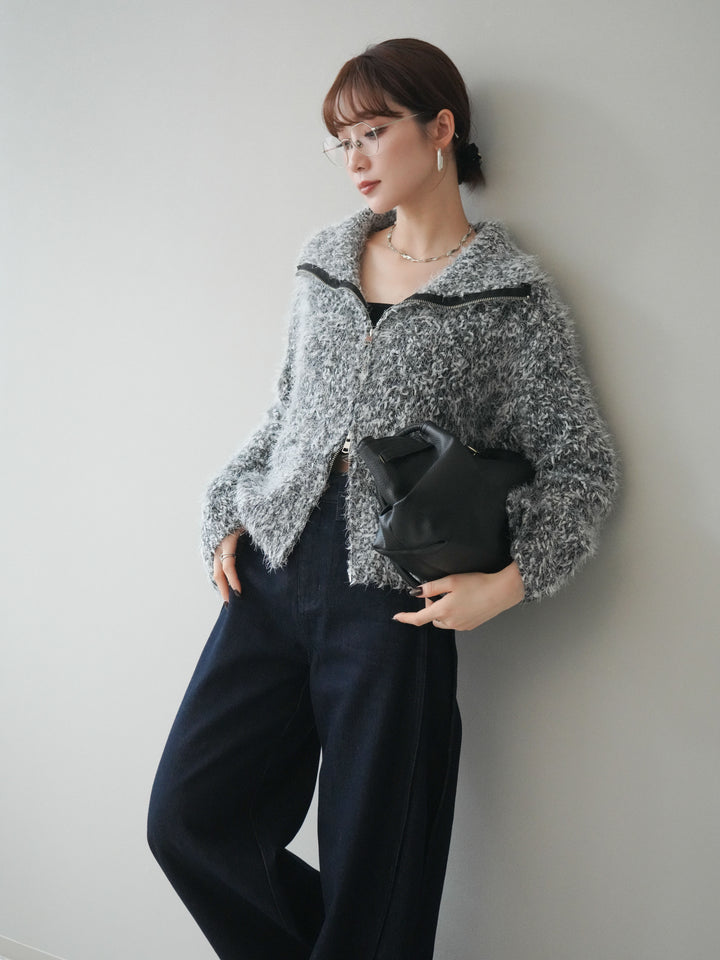 [予約]ミックスシャギージップニットカーディガン/black