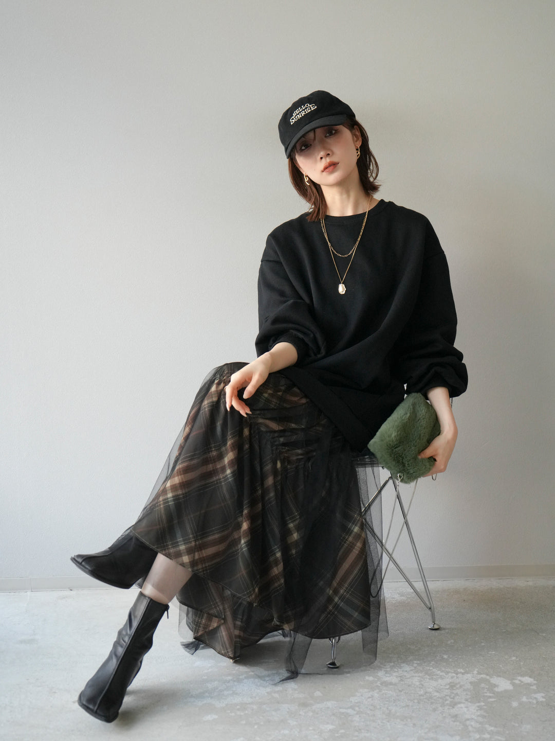 [予約]スウェットドッキングチェック柄レイヤードワンピース/ブラック