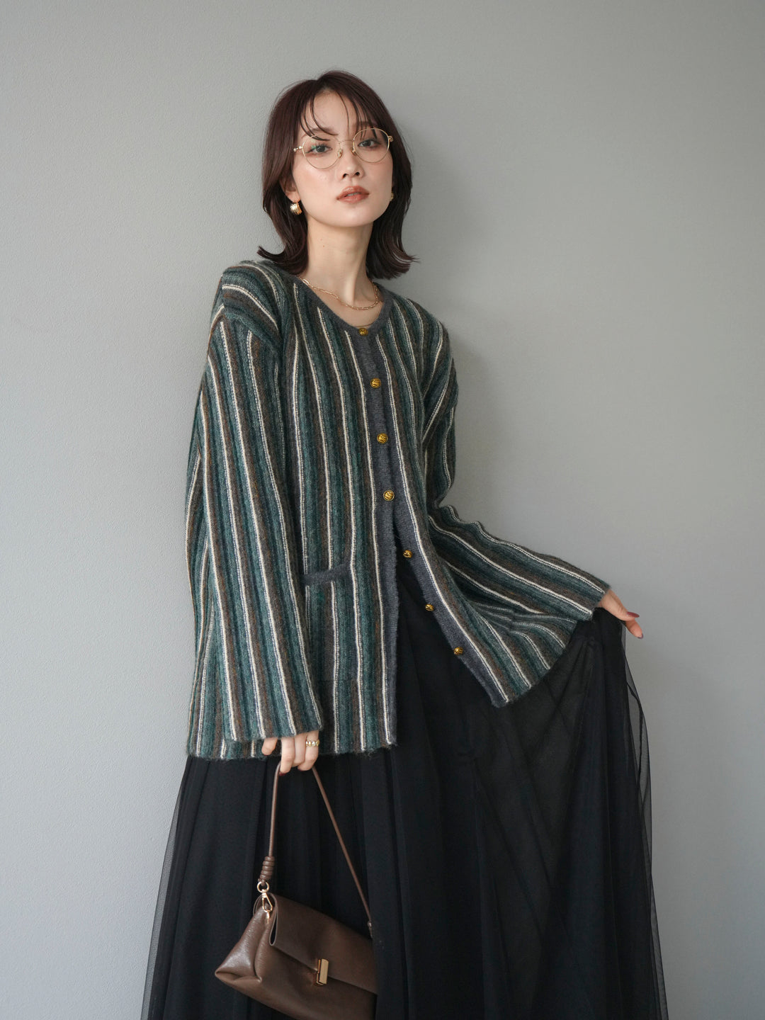 [予約]アンティークボタンストライプニットカーディガン/charcoal