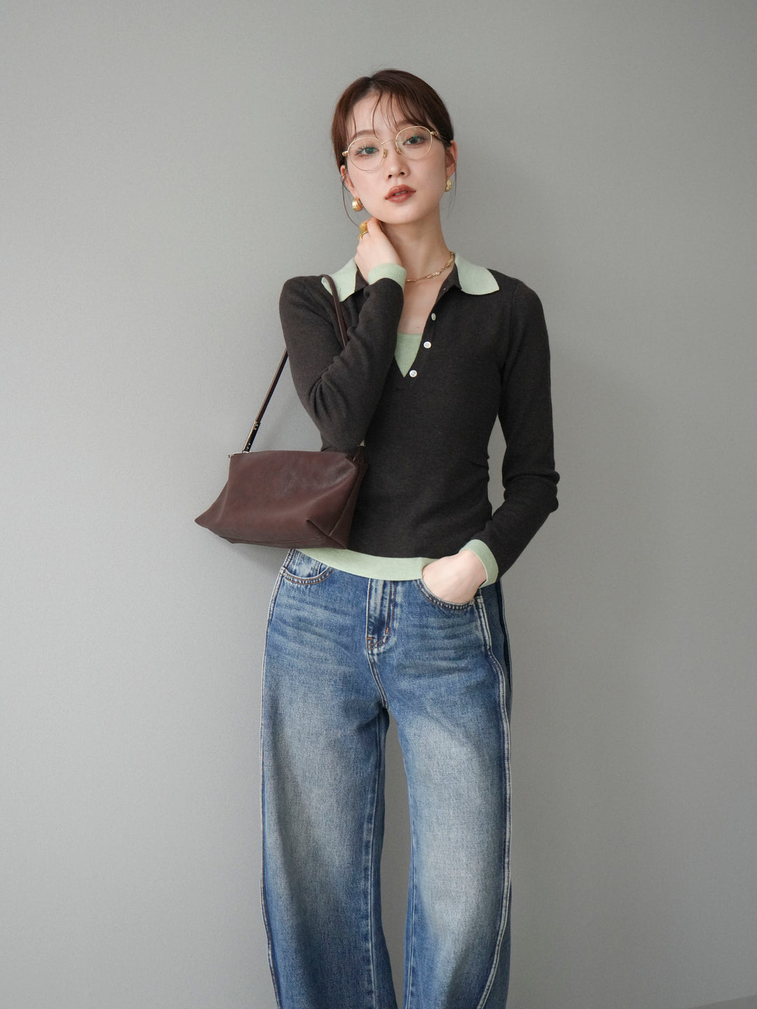 [予約]レイヤード配色ポロニットトップス/darkbrown