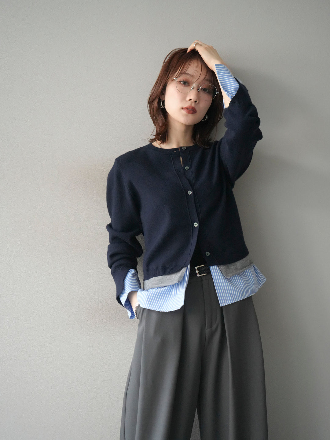 [予約]シャツ襟レイヤードニットカーディガン/navy