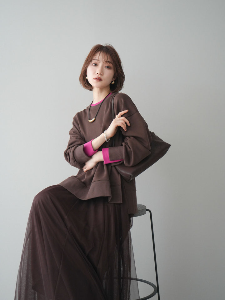 [SET]配色レイヤードデザインスエットプルオーバー+チュールボリュームスカート(2set)