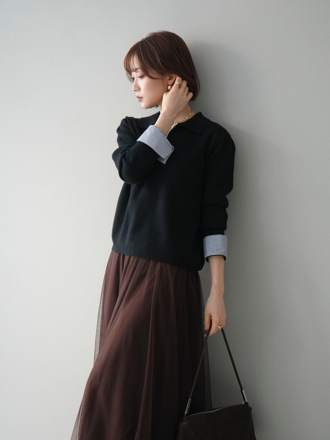 [予約]シャツレイヤードスキッパーニットプルオーバー/black