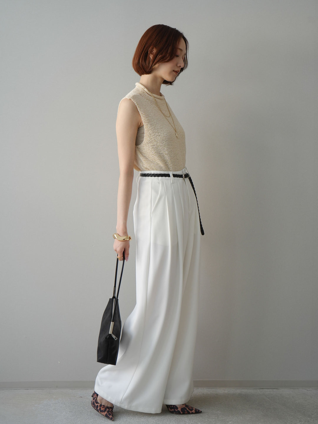 [予約]編み込みベルト付タックワイドパンツ/white