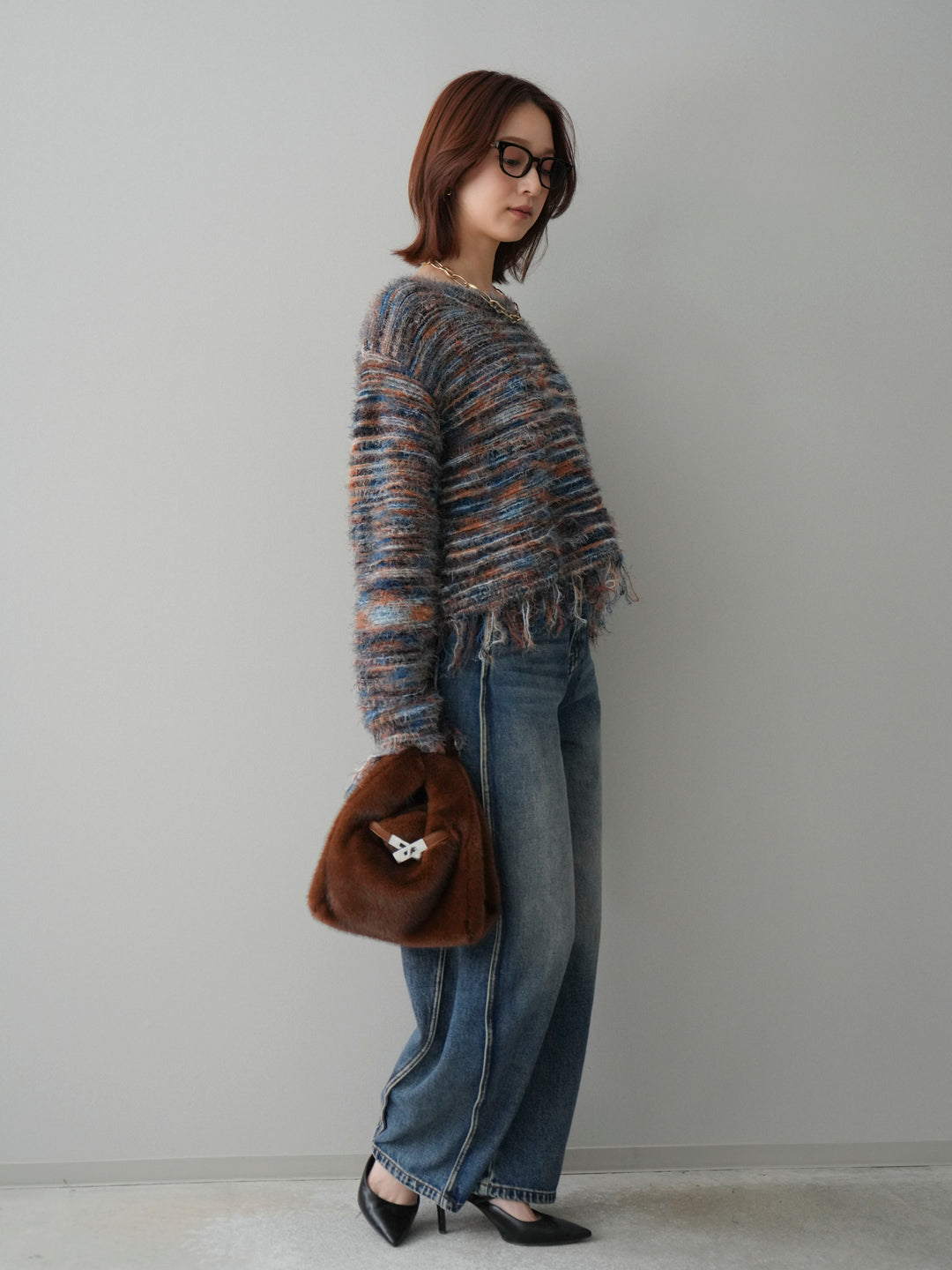 [SET]裾フリンジミックスヤーンシャギープルオーバー+サイド切替カーブデニムパンツ(2set)