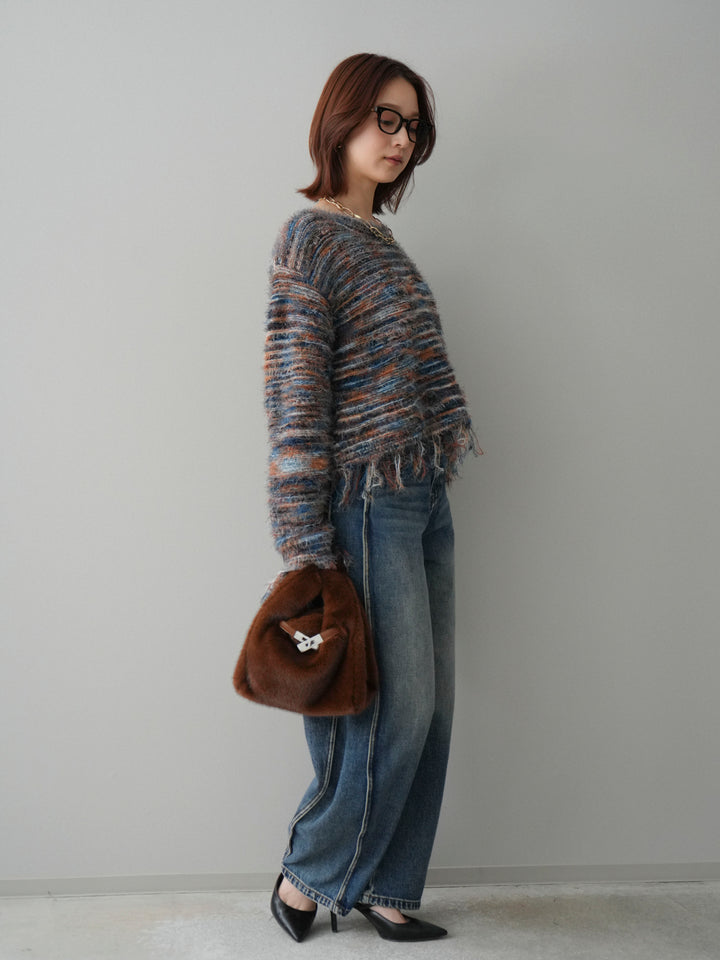 [SET]裾フリンジミックスヤーンシャギープルオーバー+サイド切替カーブデニムパンツ(2set)