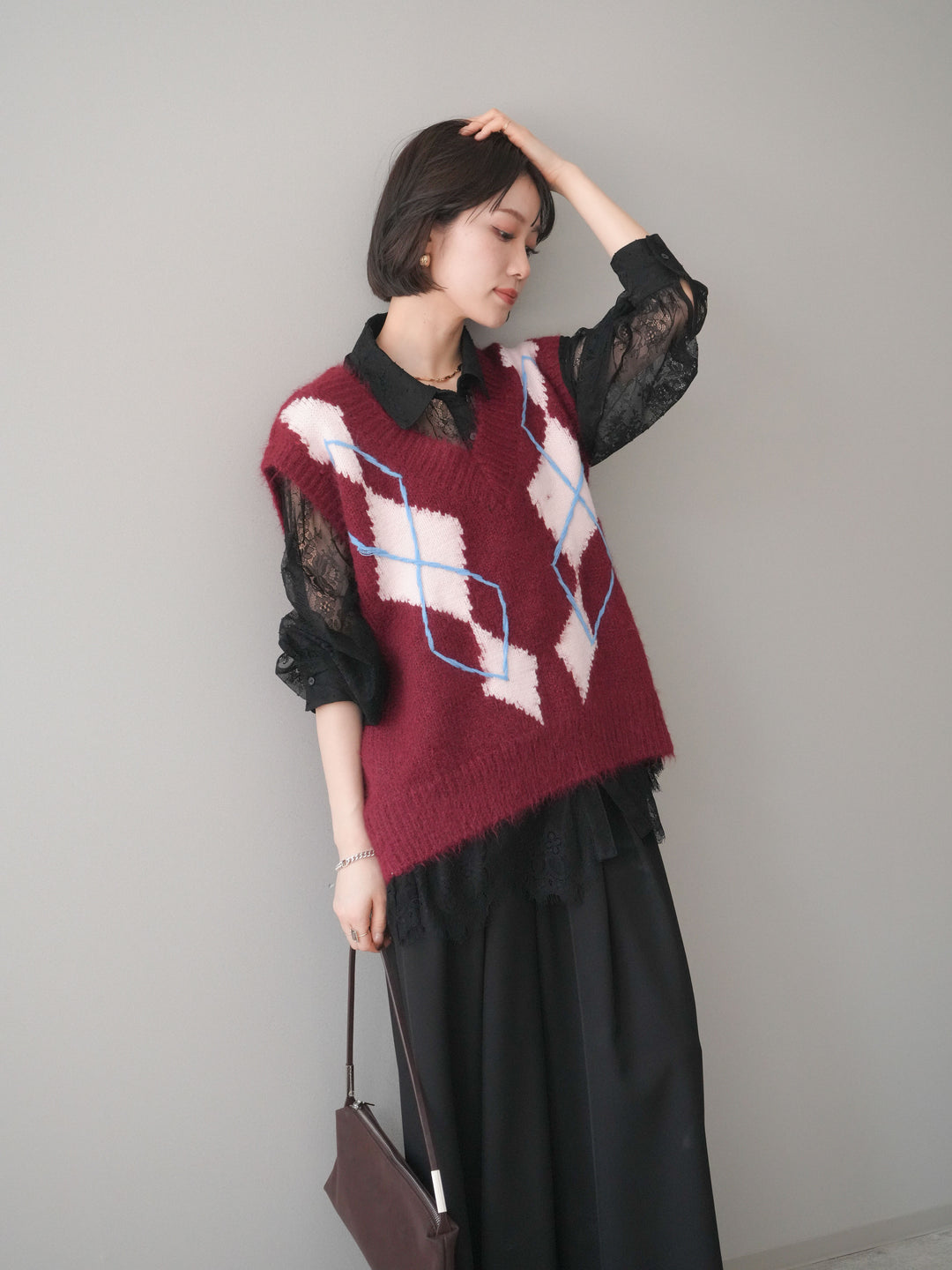 [SET]アーガイルVネックニットベスト+総レースボリュームスリーブシャツ(2set)