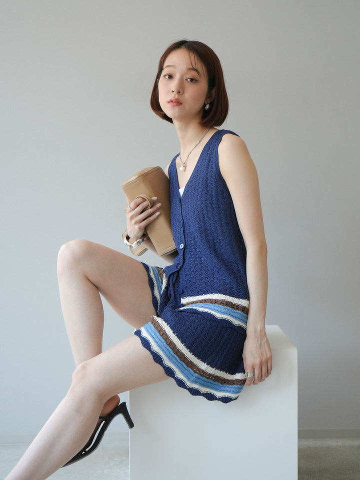 [SET]裾マルチボーダーニットベスト＆ショートパンツ SET UP(2set)
