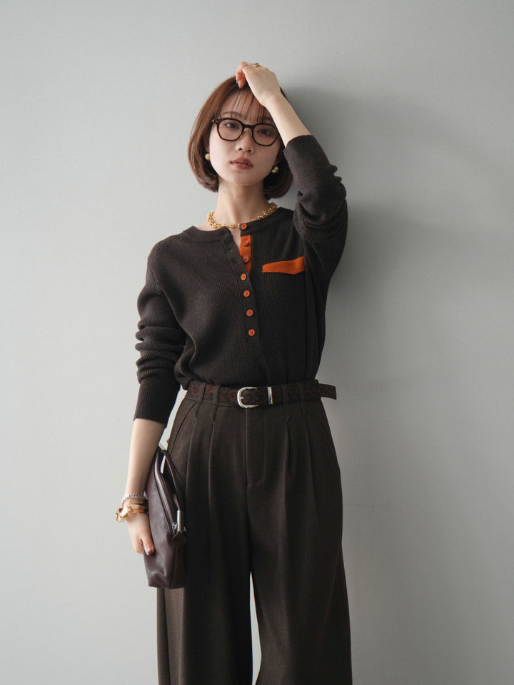 【預購】雙色拼接口袋亨利領針織衫/棕色