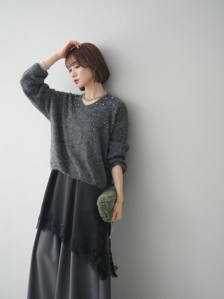 [予約]パール×ビジューVネックニットプルオーバー/gray