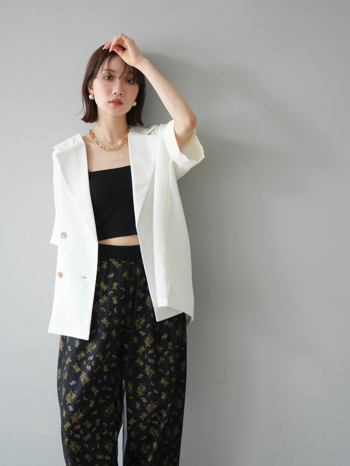 [SET]リネンライクハーフテーラードジャケット+コード刺繍チュールレイヤードパンツ(2set)