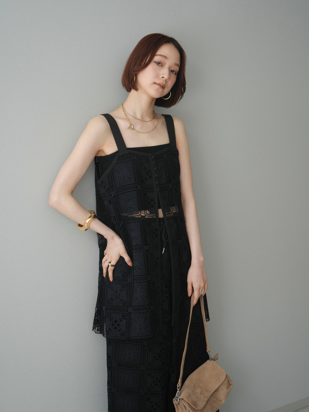 [SET]配色パネルレースキャミソール+パネルレースイージーパンツ(2set)