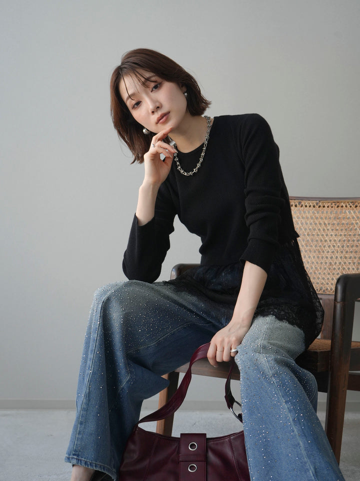 [SET]クルーネックレースドッキングリブニットトップス+フロントビジューカーブデニムパンツ(2set)