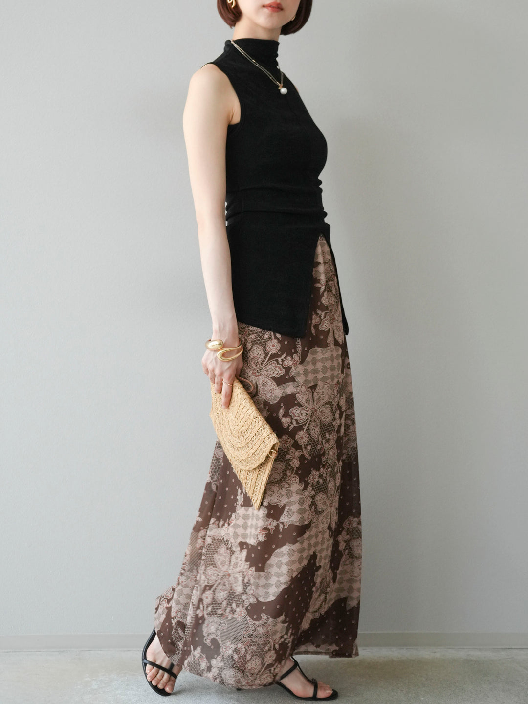 [予約]フラワーパターンフレアスカート/ブラウン