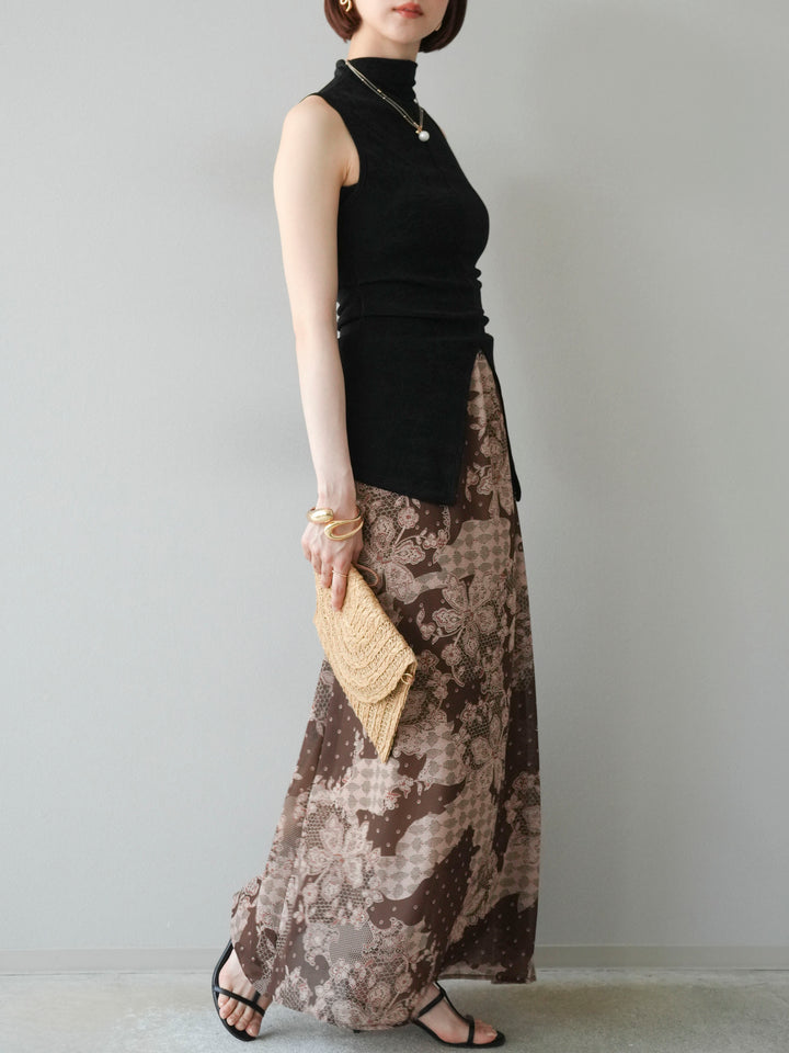 [予約]フラワーパターンフレアスカート/ブラウン