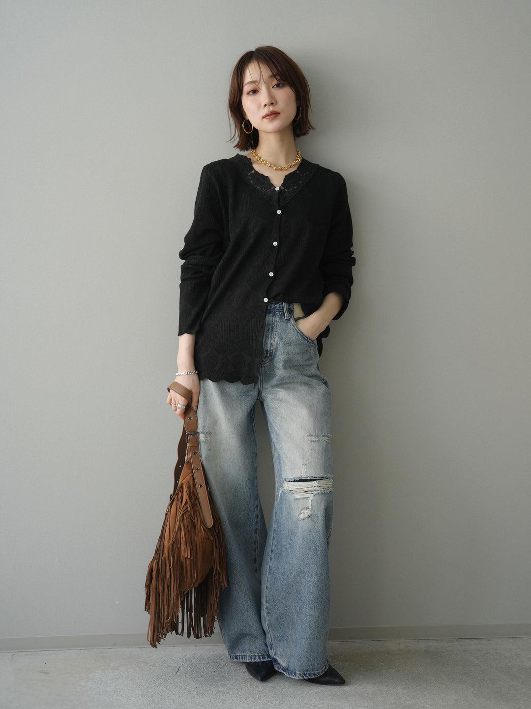 [SET]レースネックジャガードニットカーディガン+ダメージデニムセミワイドパンツ(2set)