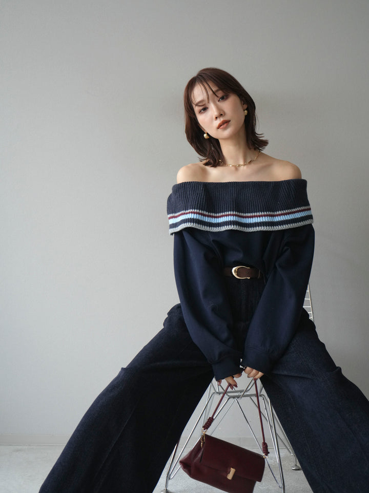 [予約]ボーダーニットオフショルダーxスウェットプルオーバー/navy