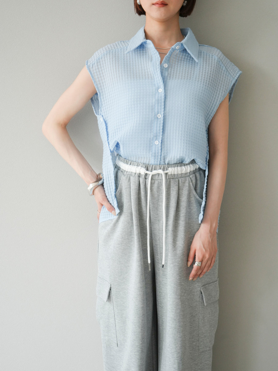 [SET]シアーチェックノースリーブシャツ+ウエストラインサイドポケットスウェットパンツ(2set)