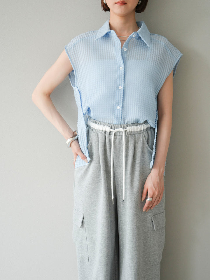 [SET]シアーチェックノースリーブシャツ+ウエストラインサイドポケットスウェットパンツ(2set)