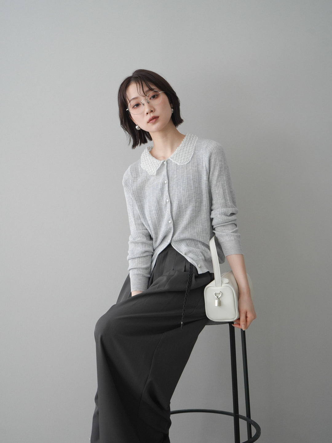 [SET]ビジュー襟パールボタンニットカーディガン+編み込みベルト付タックワイドパンツ(2set)