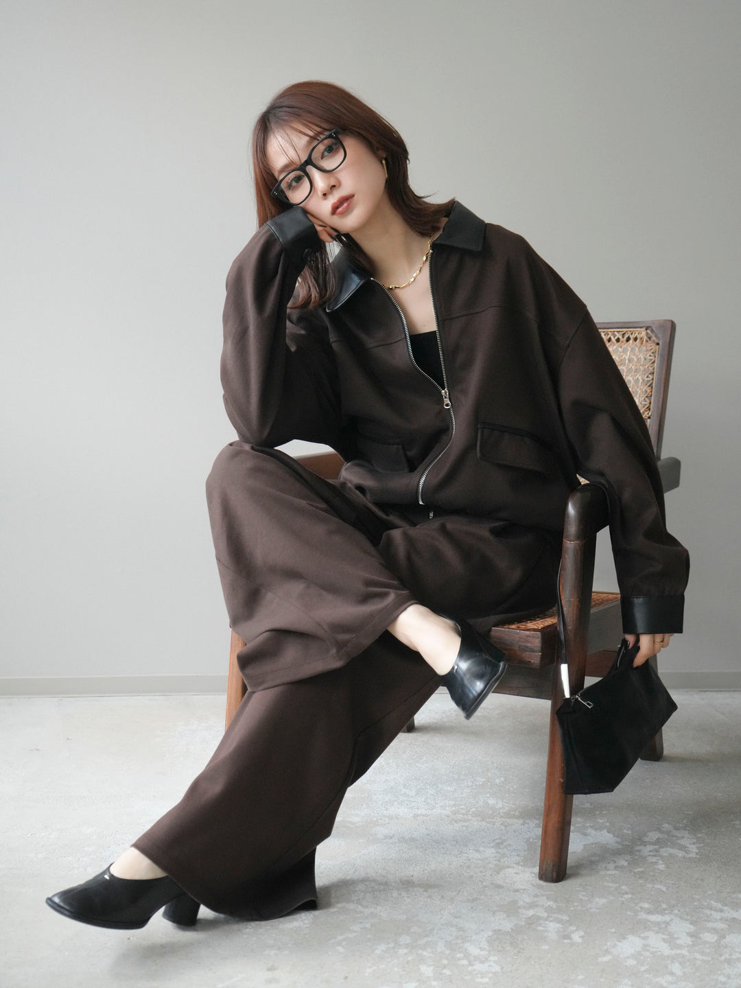 [予約]レザー襟配色パイピングブルゾン/brown