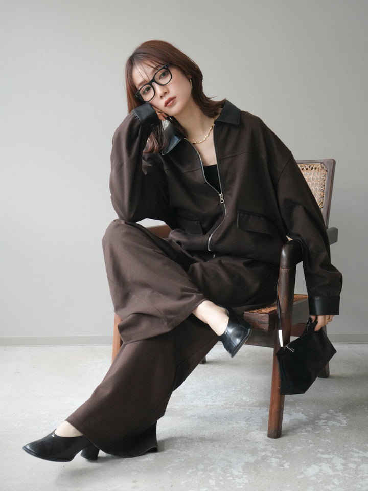 [予約]レザー襟配色パイピングブルゾン/brown