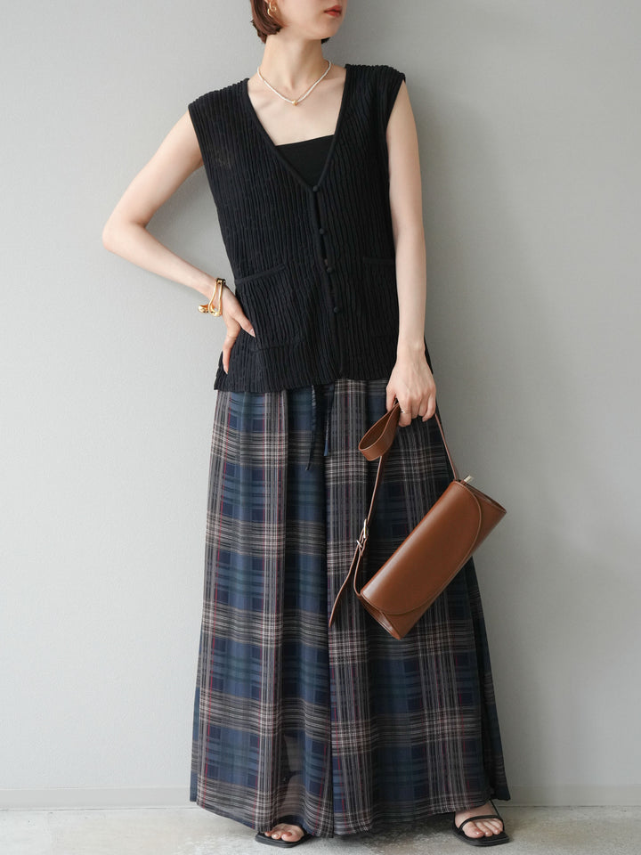 [預購] 透視格紋寬鬆褲/藏青色