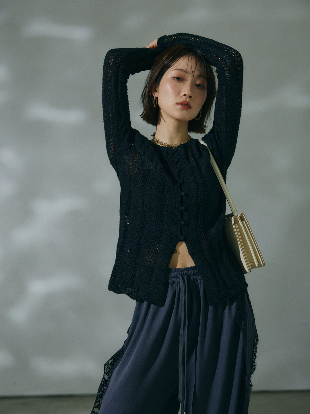 【Allure】[SET]透かし編みニットカーディガントップス+サイドピンタックレースイージーワイドパンツ(2set)