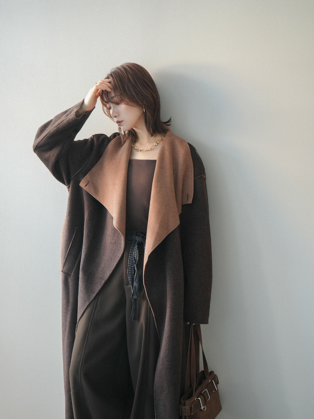 [予約]ダブルフェイスバイカラーロングコート/brown