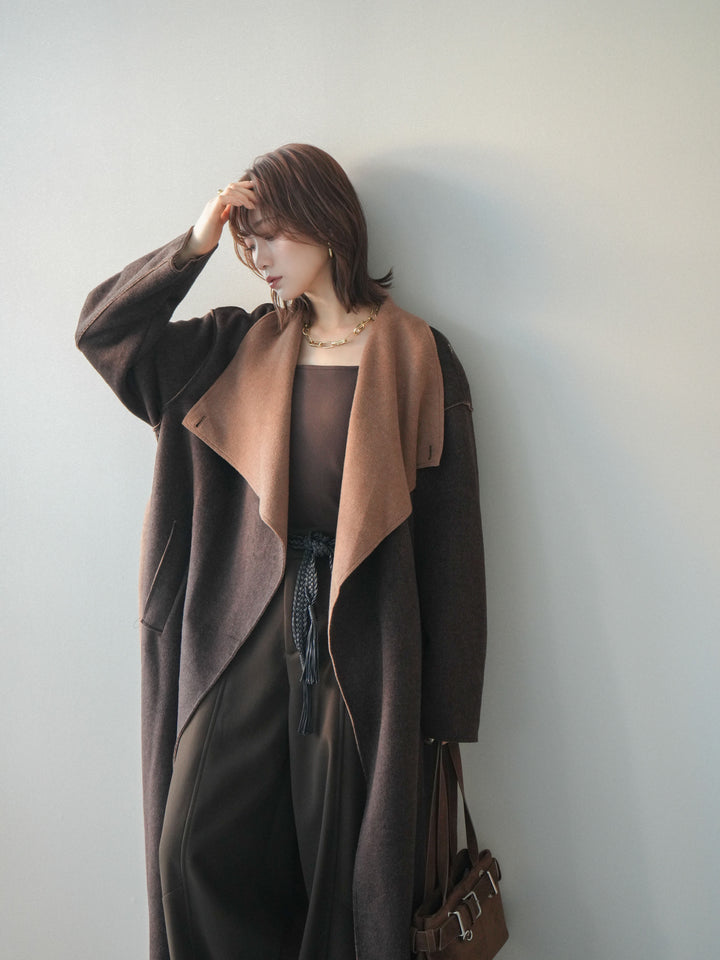 [予約]ダブルフェイスバイカラーロングコート/brown